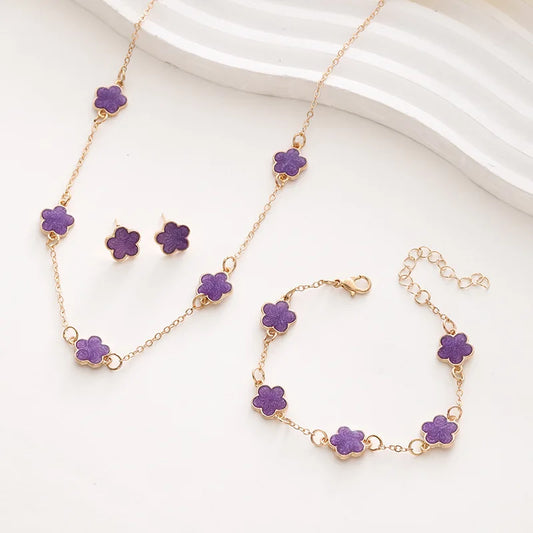 3 PCS Light Luxury Flower Bracelet Sets for Women Fashion Lucky Five-leaf Clover Earrings Necklace Friendship Party Jewelry