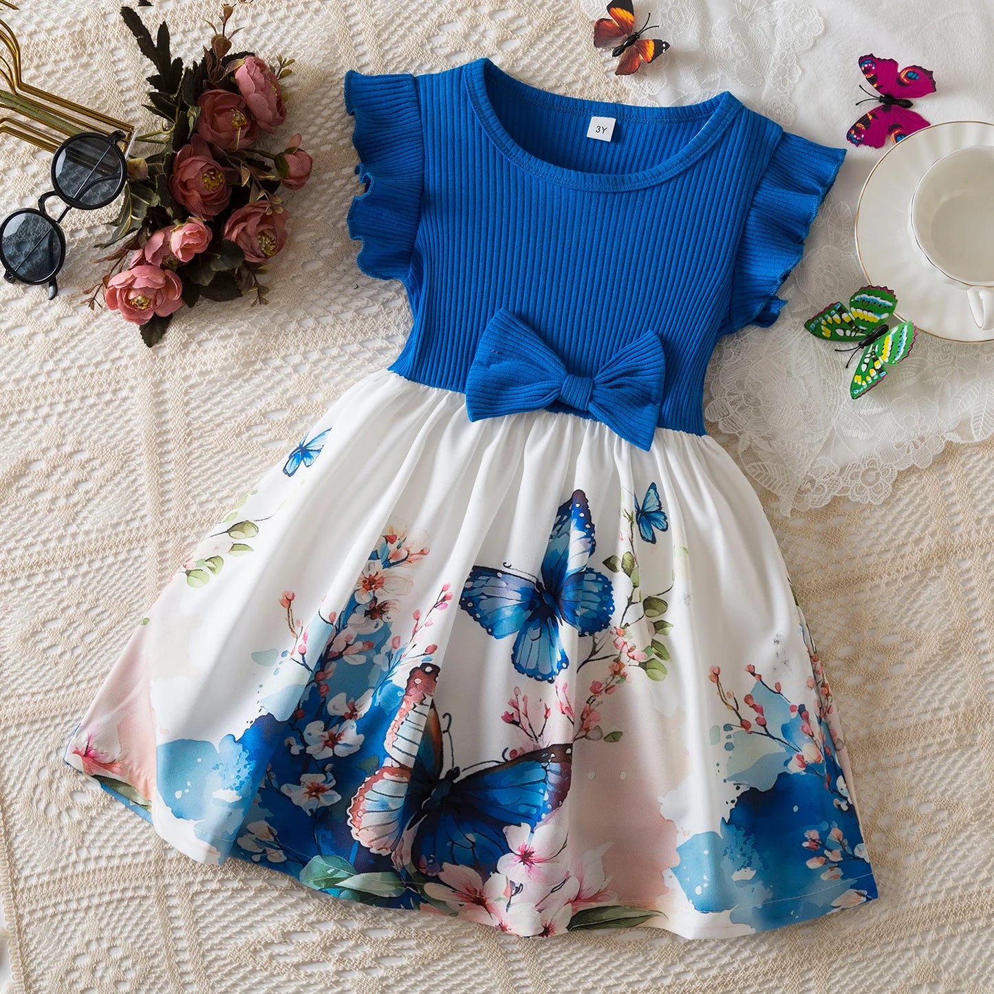 Girls Butterfly Print Princess Dress Kids Summer Ruffles Sleeve Elegant Party Clothes Children 3-8 Years Wedding Casual Dress