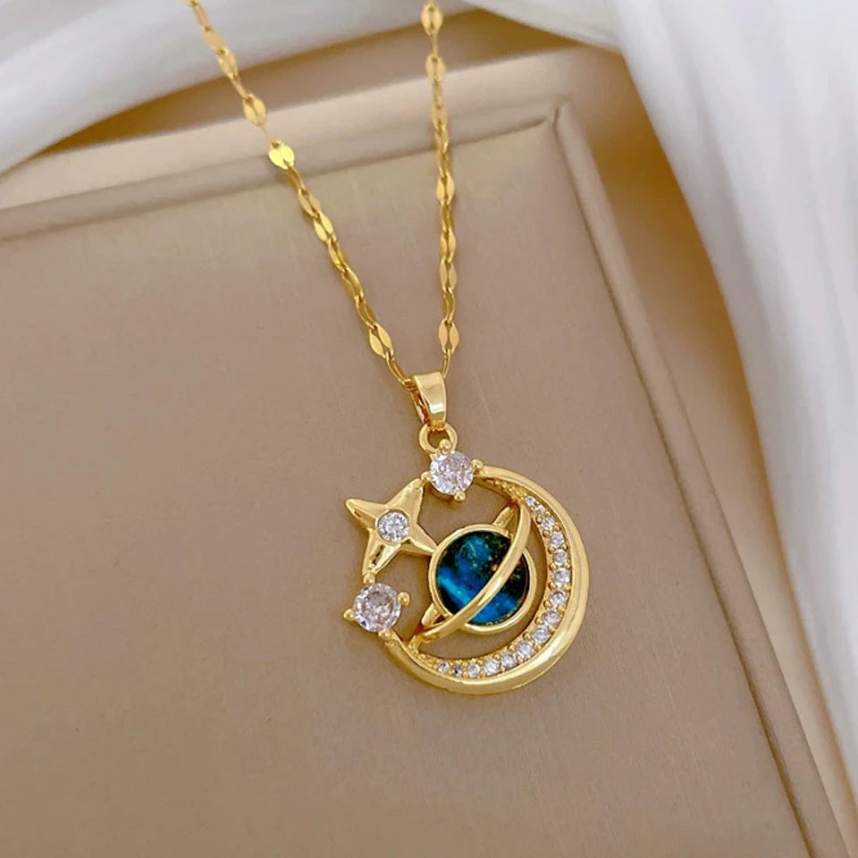 Light Luxury Titanium Steel Star Astronaut Series Necklace for Women Gold Color Planet Moon Astronaut Pendants Necklaces Jewelry