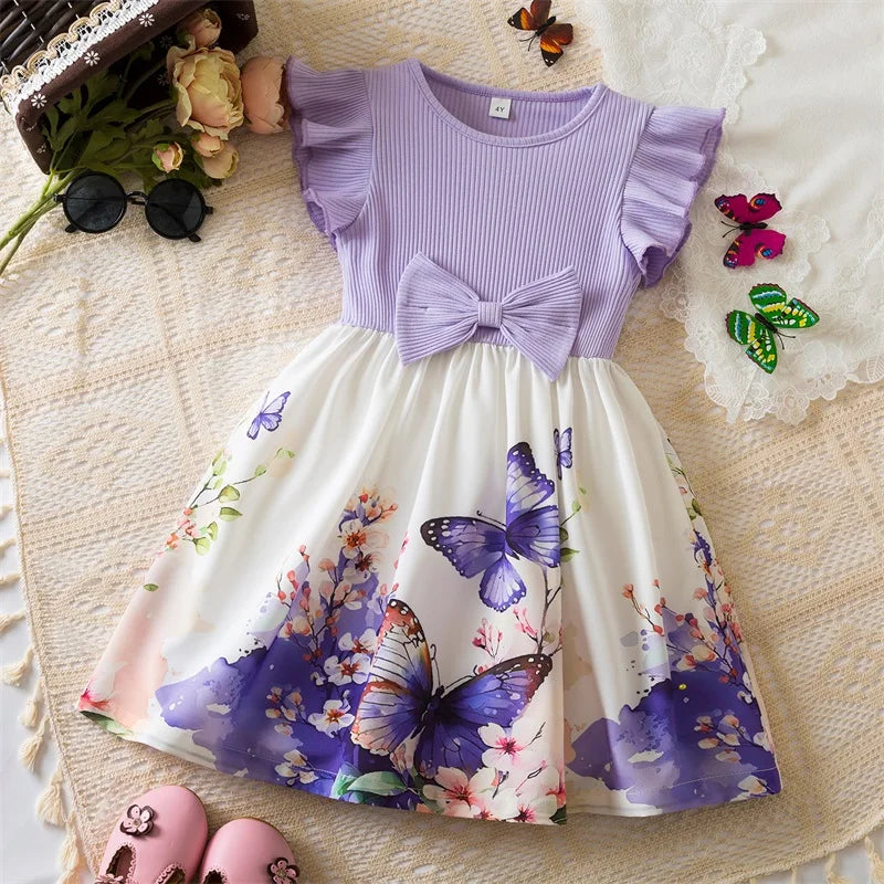 Girls Butterfly Print Princess Dress Kids Summer Ruffles Sleeve Elegant Party Clothes Children 3-8 Years Wedding Casual Dress