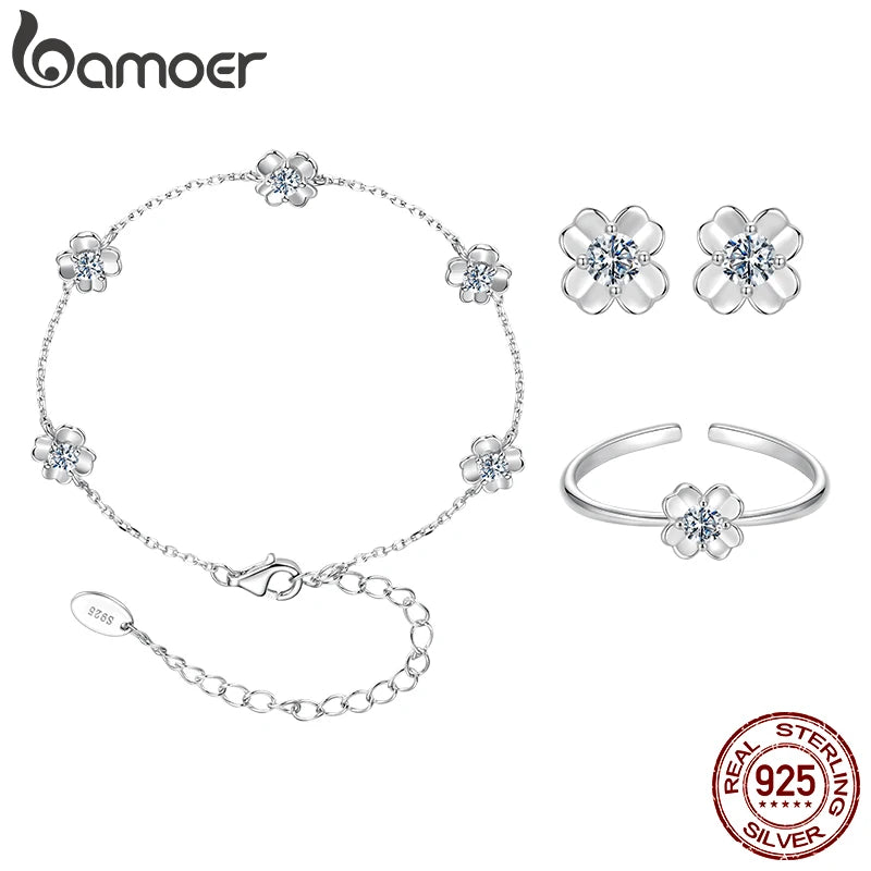 Bamoer Moissanite Jewelry Set Four Leaf Clover Ring Stud Earrings Bracelet 925 Sterling Silver for Wedding Party Jewelry Gift