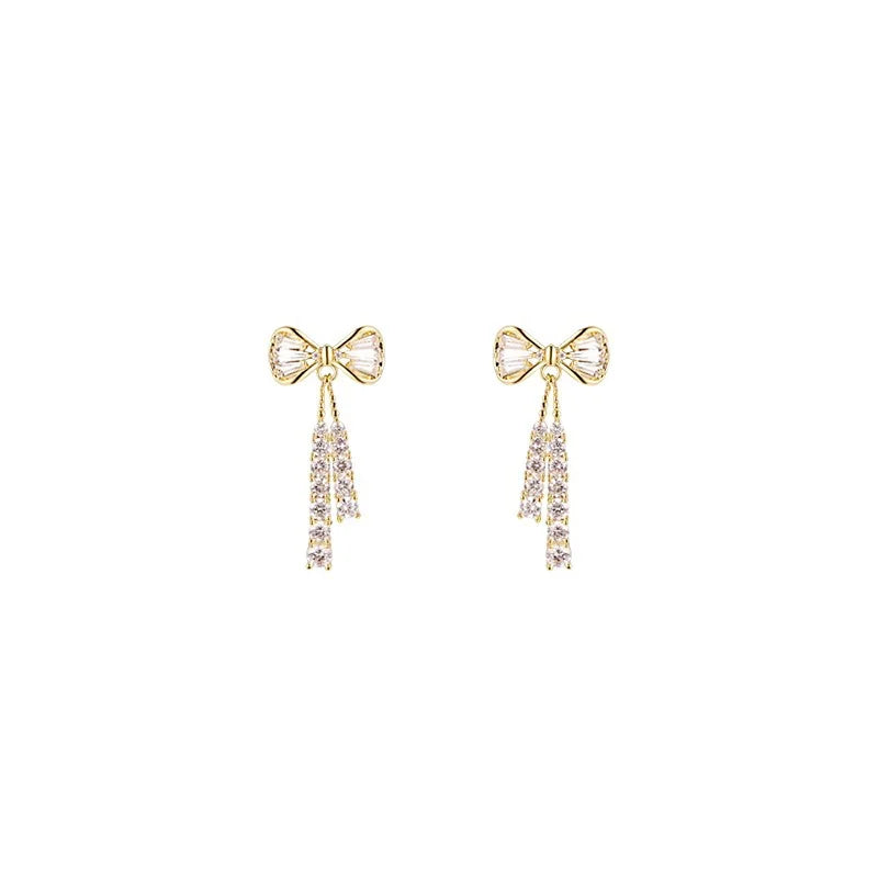 Korean jewelry niche design full diamond bow tie tassel earrings