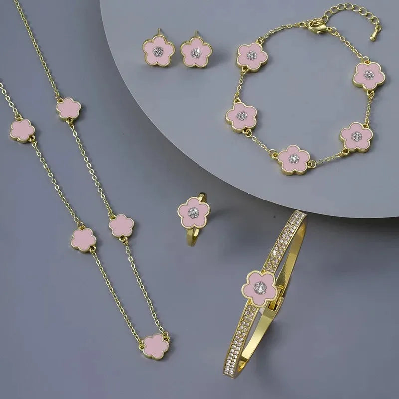 4Pcs High Quality Five Leaf Flower Botanical Jewelry Set Bracelet Necklace Earrings Bnagles Classic for Women Jewelry Clover