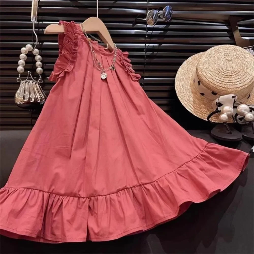 Bera Leader Korean Version Sleeveless Pleated Dress Solid Color Round Neck Children's Clothes Summer Kids Dresses for Girls Wear
