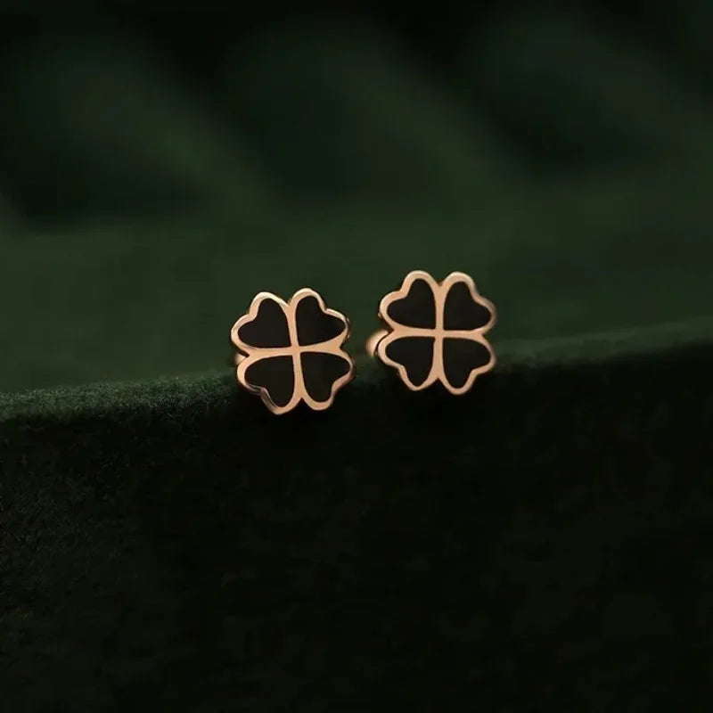 S925 Sterling Silver Chic Clover Black Zircon Flower Plant Stud Earrings for Women Fine Jewelry High Luxury Vintage Accessories