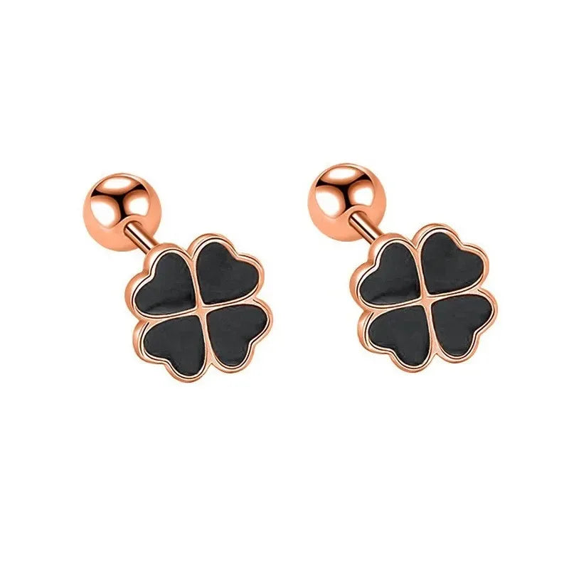S925 Sterling Silver Chic Clover Black Zircon Flower Plant Stud Earrings for Women Fine Jewelry High Luxury Vintage Accessories
