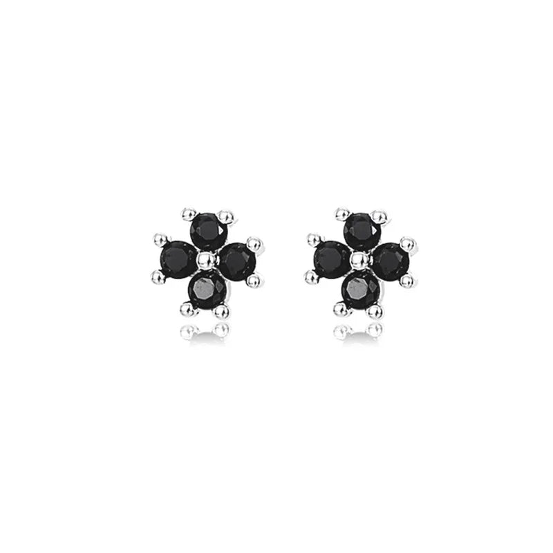 S925 Sterling Silver Chic Clover Black Zircon Flower Plant Stud Earrings for Women Fine Jewelry High Luxury Vintage Accessories