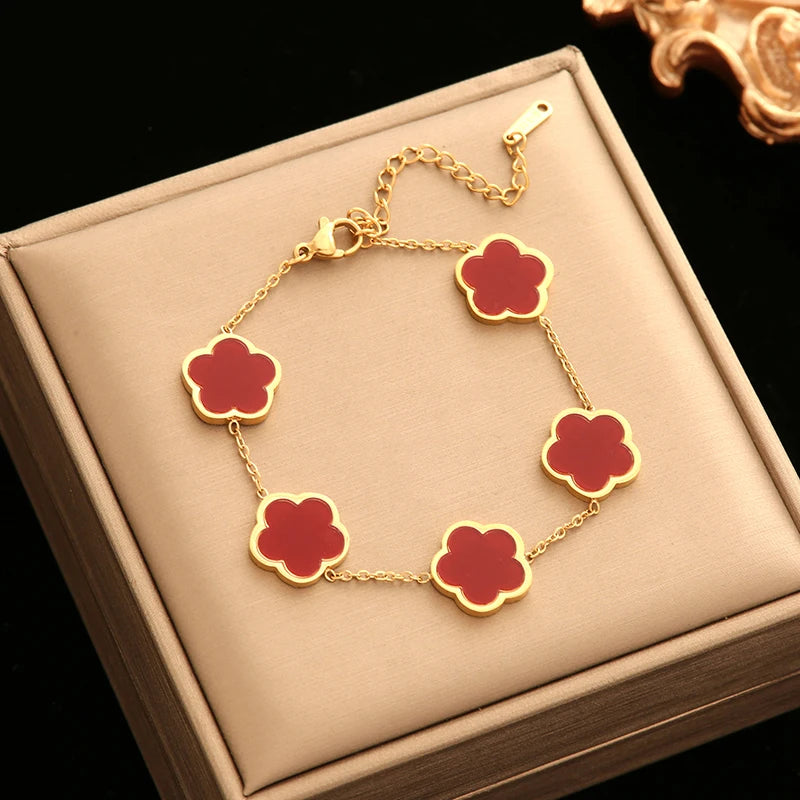 EILIECK 316L Stainless Steel Green Flower Five Clover Necklace Bracelet Earrings 18K Gold Plated Jewelry Set For Women Girl Gift