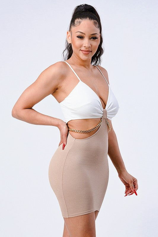 MULTI FABRIC BRALETTE SIDE GOLD CHAIN DRESS
