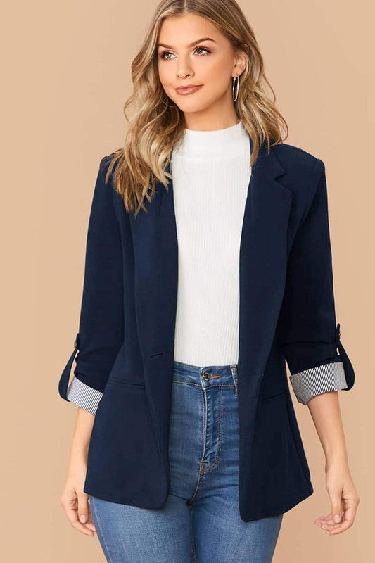 NOTCH COLLAR ROLL TAB SLEEVE BLAZER