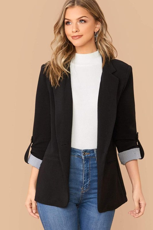 NOTCH COLLAR ROLL TAB SLEEVE BLAZER
