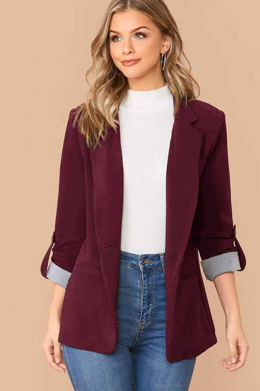 NOTCH COLLAR ROLL TAB SLEEVE BLAZER