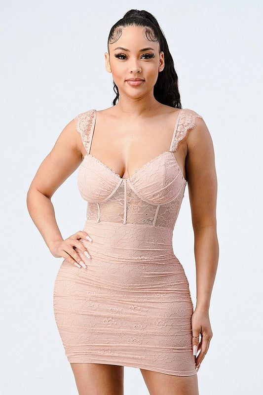 LUX LACE FLUTTER SEE-THRU CONTRAST MINI DRESS