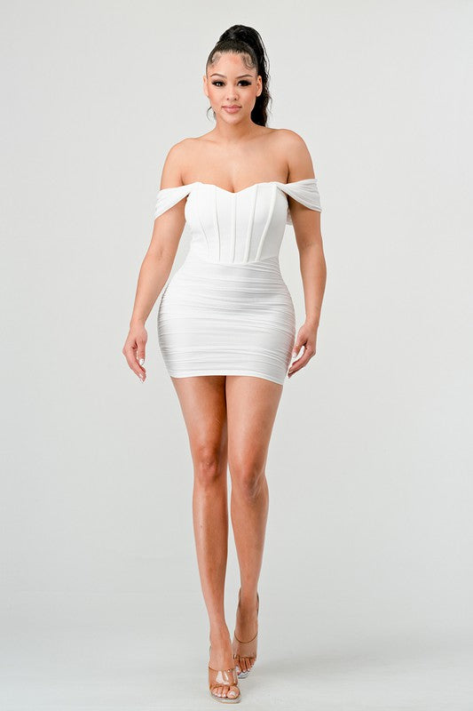 LUXE DRAPED OFF SHOULDER CORSET MINI DRESS