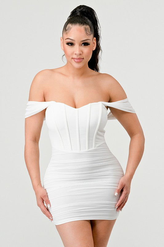 LUXE DRAPED OFF SHOULDER CORSET MINI DRESS